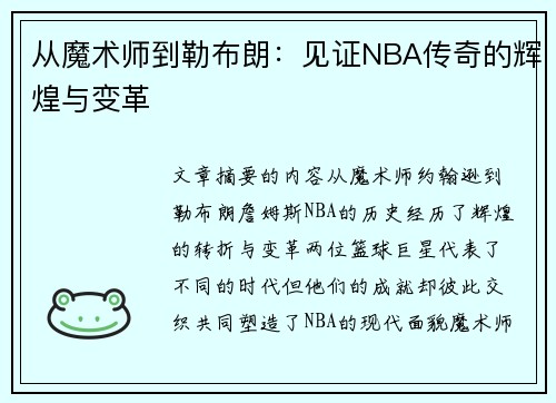 从魔术师到勒布朗：见证NBA传奇的辉煌与变革